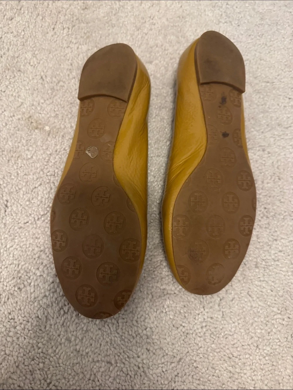 Tory Burch Caramel Leather Logo Ballet Flats with Gold Emblem